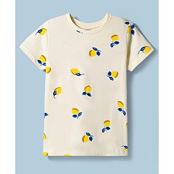 Pine Kids Cotton Knit Half Sleeves Co-Ord T-Shirt & Pyjama Night-Suit With Lemon Print - White