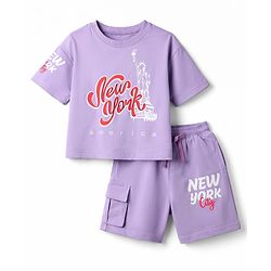 Pine Kids Cotton Knit Drop Shoulder Top & Shorts Set With New York Text Print - Lavender