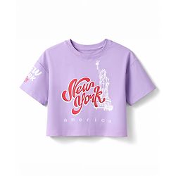 Pine Kids Cotton Knit Drop Shoulder Top & Shorts Set With New York Text Print - Lavender