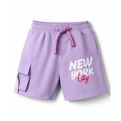 Pine Kids Cotton Knit Drop Shoulder Top & Shorts Set With New York Text Print - Lavender