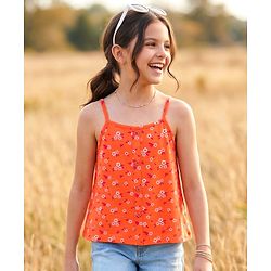 Pine Kids 100% Cotton Knit Sleeveless Floral Printed Top - Orange