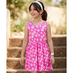 Pine Kids Cotton Knit Sleeveless Floral Printed Frock- Pink & White