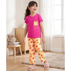 Pine Kids Cotton Knit Half Sleeves T-Shirt & Pyjama Night Suit With Floral Print - Fuchsia