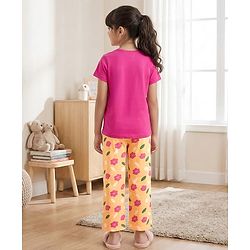 Pine Kids Cotton Knit Half Sleeves T-Shirt & Pyjama Night Suit With Floral Print - Fuchsia