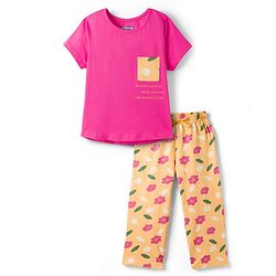 Pine Kids Cotton Knit Half Sleeves T-Shirt & Pyjama Night Suit With Floral Print - Fuchsia