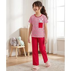 Pine Kids Cotton Knit Half Sleeves Top & Pyjama Night Suit with Bunny Print - White