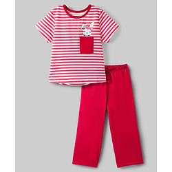 Pine Kids Cotton Knit Half Sleeves Top & Pyjama Night Suit with Bunny Print - White