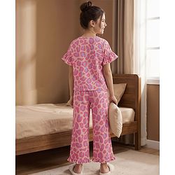 Pine Kids Cotton Knit Half Sleeves Co-Ord Top & Pyjama Printed Night Suit - Pink & Golden