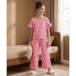 Pine Kids Cotton Knit Half Sleeves Co-Ord Top & Pyjama Printed Night Suit - Pink & Golden