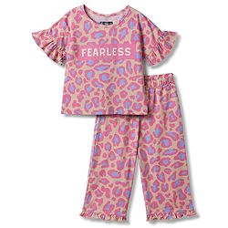 Pine Kids Cotton Knit Half Sleeves Co-Ord Top & Pyjama Printed Night Suit - Pink & Golden