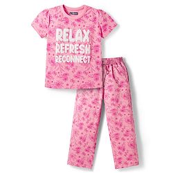 Pine Kids Cotton Knit Half Sleeves Co-Ord T-Shirt & Pyjama Night-Suit With Floral & Text Print - Pink