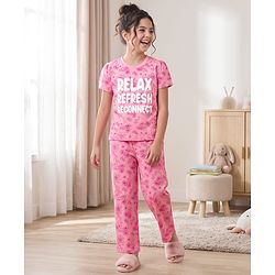 Pine Kids Cotton Knit Half Sleeves Co-Ord T-Shirt & Pyjama Night-Suit With Floral & Text Print - Pink