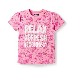 Pine Kids Cotton Knit Half Sleeves Co-Ord T-Shirt & Pyjama Night-Suit With Floral & Text Print - Pink