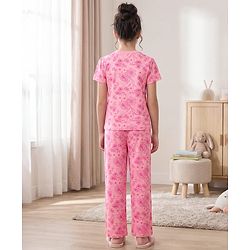 Pine Kids Cotton Knit Half Sleeves Co-Ord T-Shirt & Pyjama Night-Suit With Floral & Text Print - Pink
