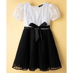 Pine Kids Woven Half Puffed Sleeves Frock with Embroidery & Bow Applique - Black