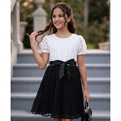 Pine Kids Woven Half Puffed Sleeves Frock with Embroidery & Bow Applique - Black