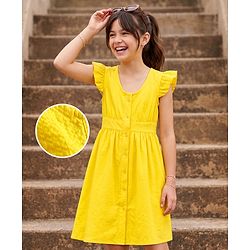 Pine Kids Cotton Woven One Piece Dresses/Frocks with Ruffle Sleeves Yellow 4-5 Years