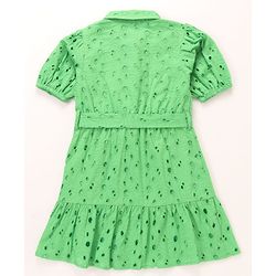 Pine Kids Cotton Woven One Piece Dress with Puffed Sleeves and Collar Neck Green 4-5 Years