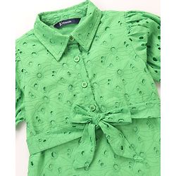 Pine Kids Cotton Woven One Piece Dress with Puffed Sleeves and Collar Neck Green 4-5 Years