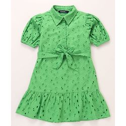 Pine Kids Cotton Woven One Piece Dress with Puffed Sleeves and Collar Neck Green 4-5 Years
