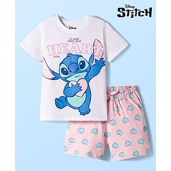 Pine Kids Disney Single Jersey Knit Half Sleeves T-Shirt & Shorts Night Suit With Stitch Graphics - Multicolor