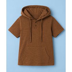 Pine Kids Cotton Knit Hooded T-Shirt with Henley Neck Brown 5-6 Years