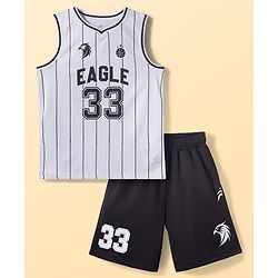 Pine Active Knit Sleeveless Stripes & Text Printed Tank T-Shirt & Shorts Set - White