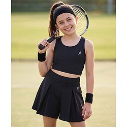 Pine Active Knit Sleeveless Solid Tank top and Flared Skirt Tennis Set - Black