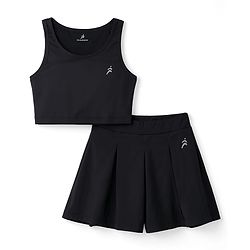 Pine Active Knit Sleeveless Solid Tank top and Flared Skirt Tennis Set - Black