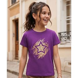 Pine Kids Cotton Knit Half Sleeves Star Printed T-Shirt - Purple