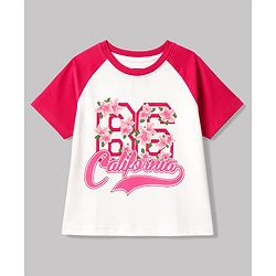 Pine Kids Cotton Knit Raglan Sleeves Oversized T-Shirt With Text & Floral Print - Multicolor