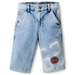Pine Kids Marvel Above Knee Length Denim Shorts with Spider-Man Graphics - Blue