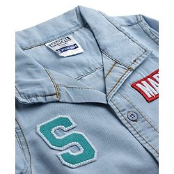 Pine Kids Marvel Cotton Woven Half Sleeves Denim Shirt With Spider Man Graphic With Badge Detailing - Blue