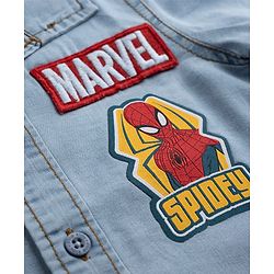 Pine Kids Marvel Cotton Woven Half Sleeves Denim Shirt With Spider Man Graphic With Badge Detailing - Blue