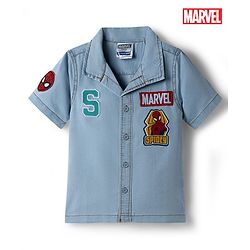 Pine Kids Marvel Cotton Woven Half Sleeves Denim Shirt With Spider Man Graphic With Badge Detailing - Blue