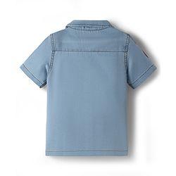 Pine Kids Marvel Cotton Woven Half Sleeves Denim Shirt With Spider Man Graphic With Badge Detailing - Blue