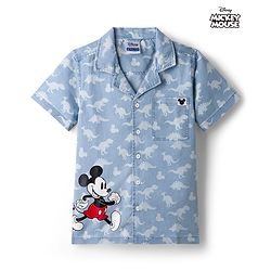 Pine Kids Disney Denim Woven Half Sleeves Shirt With MIckey Mouse Graphics & Dino Print  - Blue