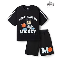 Pine Kids Disney 100% Cotton Knit Half Sleeves T-Shirt & Shorts Set With Mickey Mouse Graphic - Black