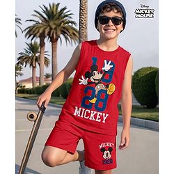 Pine Kids Disney Single Jersey Knit Sleeveless T-Shirt & Shorts Set with Mickey Mouse Graphics - Red