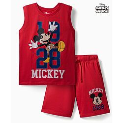 Pine Kids Disney Single Jersey Knit Sleeveless T-Shirt & Shorts Set with Mickey Mouse Graphics - Red