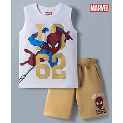 Pine Kids Marvel 100% Cotton Knit Sleeveless Tank T-Shirt & Shorts Set With Spider Man Graphic - Khaki