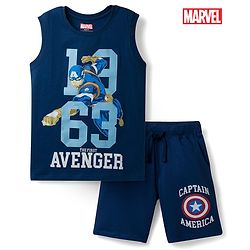 Pine Kids Marvel Single Jersey Knit Sleeveless T-Shirt & Shorts Set with Avengers Graphics - Blue