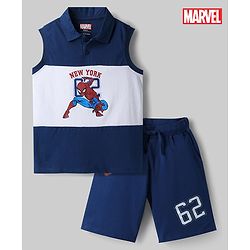 Pine Kids Marvel 100% Cotton Knit Sleeveless Tank Collar Neck T-Shirt & Shorts Set With Spider Man Graphic - Navy Blue & White
