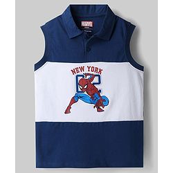 Pine Kids Marvel 100% Cotton Knit Sleeveless Tank Collar Neck T-Shirt & Shorts Set With Spider Man Graphic - Navy Blue & White