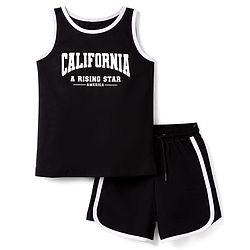 Pine Kids Cotton Knit Sleeveless T-Shirt & Shorts Set with California Print - Black