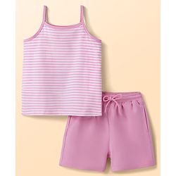 Pine Kids Cotton Knit Sleeveless Striped Top & Shorts Set - Pink