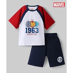 Pine Kids Marvel 100% Cotton Knit Raglan Half Sleeves T-Shirt & Shorts Set With Avengers Graphic - Multicolor