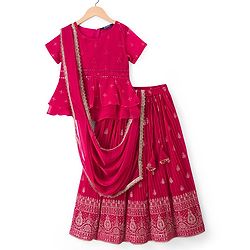 Pine Kids Woven Half Sleeves Floral Embroidered Choli Lehenga Set With Dupatta - Dark Pink