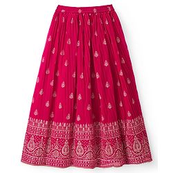 Pine Kids Woven Half Sleeves Floral Embroidered Choli Lehenga Set With Dupatta - Dark Pink