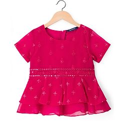Pine Kids Woven Half Sleeves Floral Embroidered Choli Lehenga Set With Dupatta - Dark Pink